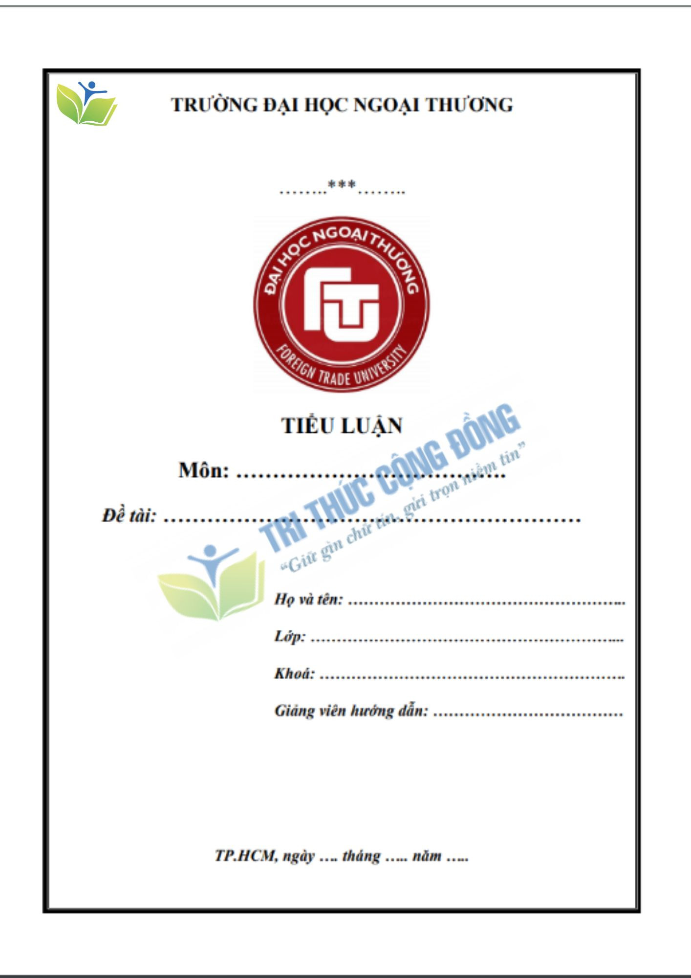 Mẫu bìa tiểu luận FTU Mẫu bìa tiểu luận FTU