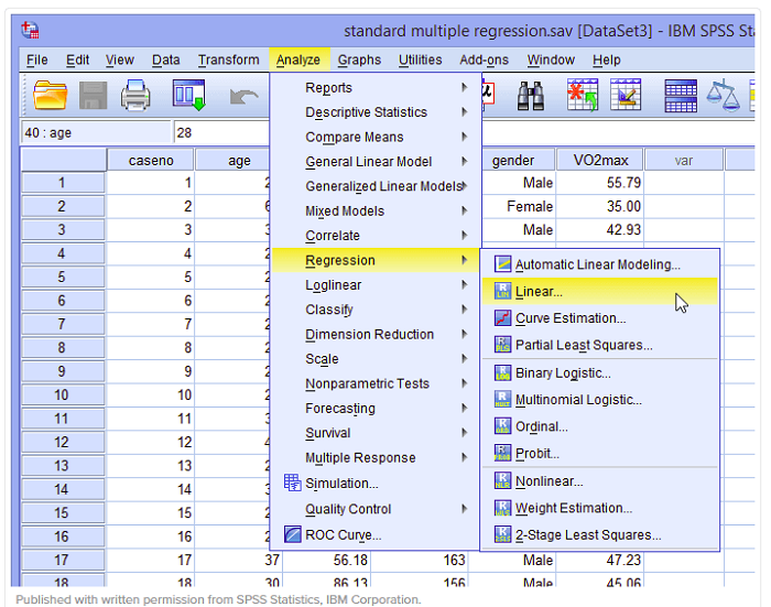 Bước 1: Trên thanh công cụ, chọn Analyze > Regression > Linear Bước 1: Trên thanh công cụ, chọn Analyze > Regression > Linear