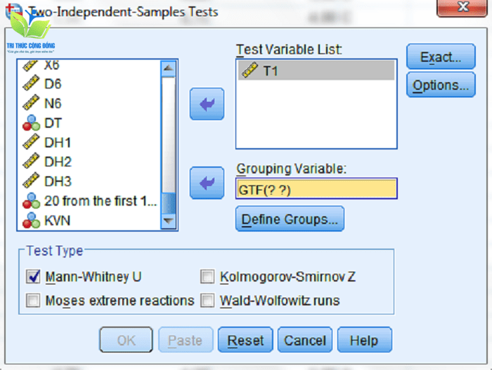 Bước 2: Đưa biến T1 vào ô Test Variable List, đồng thời đưa biến GTF vào ô Grouping Variable, sau đó chọn Mann-Whitney U Bước 2: Đưa biến T1 vào ô Test Variable List, đồng thời đưa biến GTF vào ô Grouping Variable, sau đó chọn Mann-Whitney U
