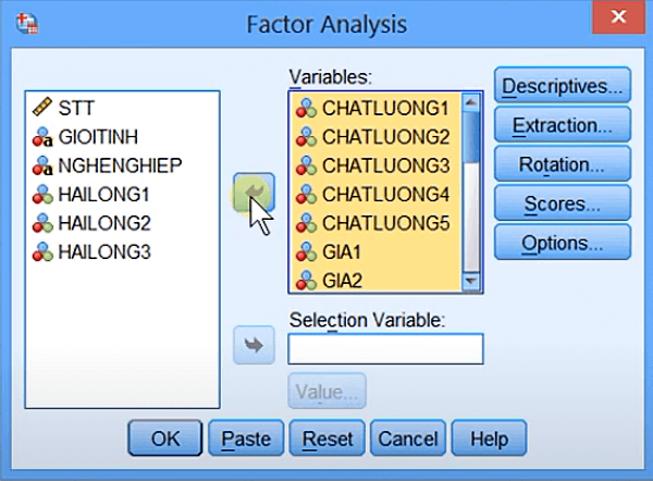 Chọn các biến quan sát vào hộp Variables Chọn các biến quan sát vào hộp Variables
