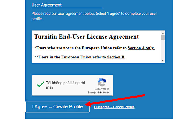 Click vào ô I Agree -- Create Profile