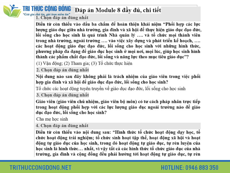 Nội dung chính của Đáp án tự luận Module 8