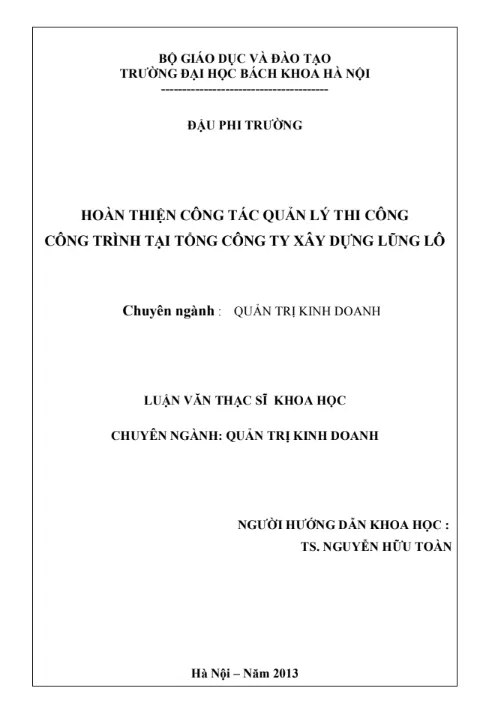 Hoàn thiện công tác quản lý thi công công trình tại Tổng công ty xây dựng Lũng Lô