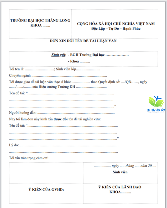 Đơn xin đổi tên đề tài đại học Thăng Long Đơn xin đổi tên đề tài đại học Thăng Long