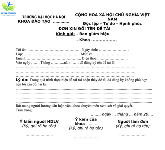 Đơn xin đổi tên đề tài luận văn tốt nghiệp trường đại học Hà Nội Đơn xin đổi tên đề tài luận văn tốt nghiệp trường đại học Hà Nội