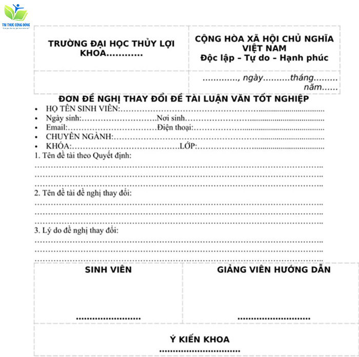 Đơn xin đổi tên đề tài luận văn tốt nghiệp trường đại học Thủy Lợi Đơn xin đổi tên đề tài luận văn tốt nghiệp trường đại học Thủy Lợi