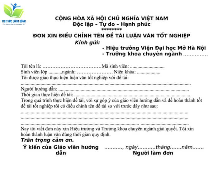 Đơn xin đổi tên đề tài luận văn tốt nghiệp viện đại học Mở Hà Nội Đơn xin đổi tên đề tài luận văn tốt nghiệp viện đại học Mở Hà Nội