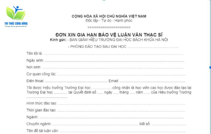 Mẫu đơn gia hạn bảo vệ luận văn thạc sĩ HUST Mẫu đơn gia hạn bảo vệ luận văn thạc sĩ HUST
