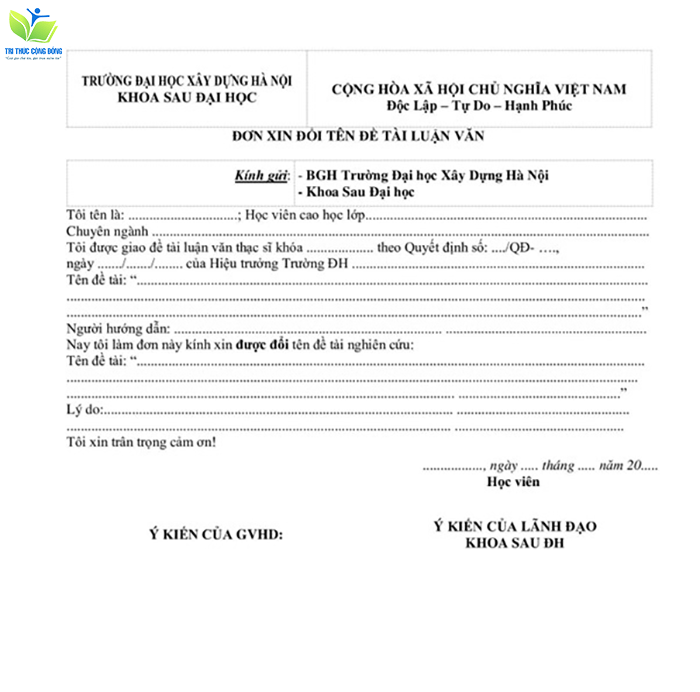 Đơn xin thay đổi đề tài luận văn thạc sĩ trường đại học Xây Dựng Đơn xin thay đổi đề tài luận văn thạc sĩ trường đại học Xây Dựng