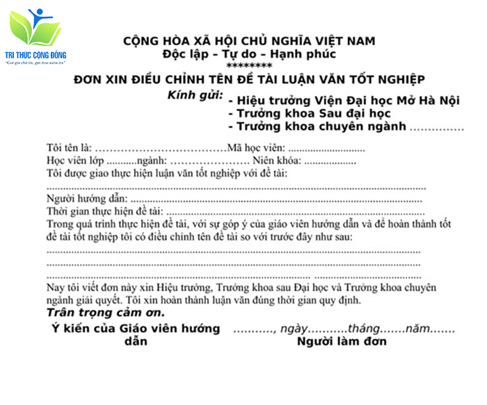 Đơn xin thay đổi đề tài luận văn viện đại học Mở Hà Nội Đơn xin thay đổi đề tài luận văn viện đại học Mở Hà Nội