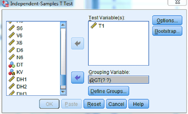 Đưa biến 1 vào ô Test Variable(s), đồng thời đưa biến 2 vào ô Grouping Variable Đưa biến 1 vào ô Test Variable(s), đồng thời đưa biến 2 vào ô Grouping Variable
