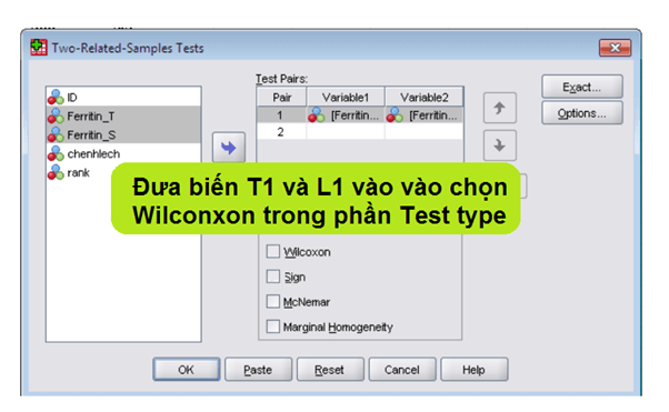 Đưa biến T1 và L1 vào vào chọn Wilcoxon trong phần Test type Đưa biến T1 và L1 vào vào chọn Wilcoxon trong phần Test type