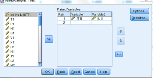 Đưa biến T1 vào ô Variable 1, đồng thời đưa biến L1 vào ô Variable 2 Đưa biến T1 vào ô Variable 1, đồng thời đưa biến L1 vào ô Variable 2