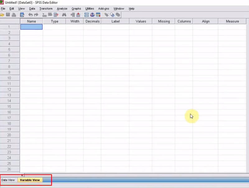 Giao diện khi thao tác nhập liệu bằng tay, với hai hai sheet Data View và Variable View Giao diện khi thao tác nhập liệu bằng tay, với hai hai sheet Data View và Variable View