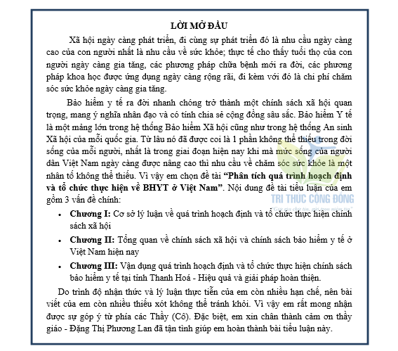 Lời mở đầu bài mẫu tiểu luận về chính sách xã hội bảo hiểm y tế Lời mở đầu bài mẫu tiểu luận về chính sách xã hội bảo hiểm y tế