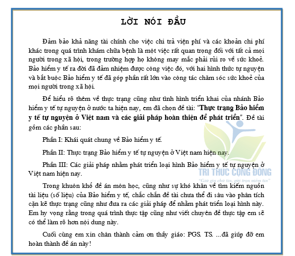 Lời mở đầu tiểu luận về thực trạng bảo hiểm y tế Lời mở đầu tiểu luận về thực trạng bảo hiểm y tế
