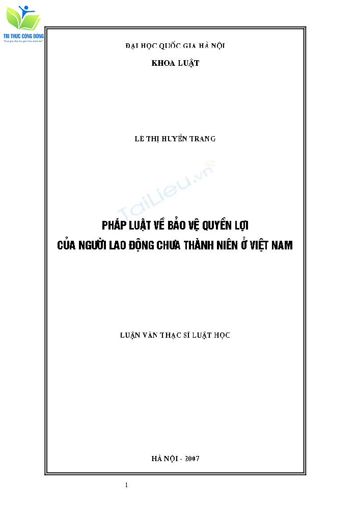 Luận văn bảo vệ quyền lợi người lao động chưa thành niên Luận văn bảo vệ quyền lợi người lao động chưa thành niên
