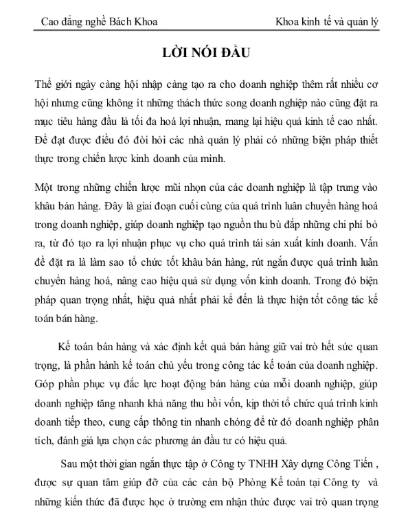 Mẫu báo cáo kế toán bán hàng và xác định kết quả kinh doanh tại Công ty TNHH Xây dựng Công Tiến