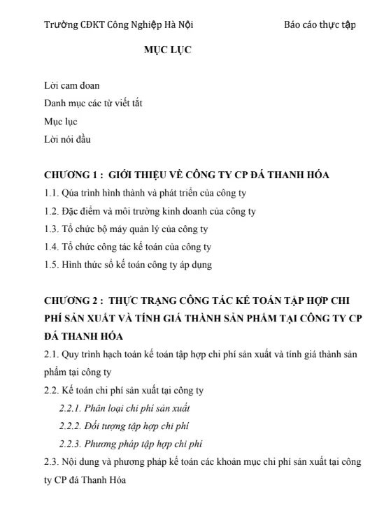 Mẫu báo cáo kế toán chi phí sản xuất và tính giá thành sản phẩm tại Công ty CP Đá Thanh Hóa
