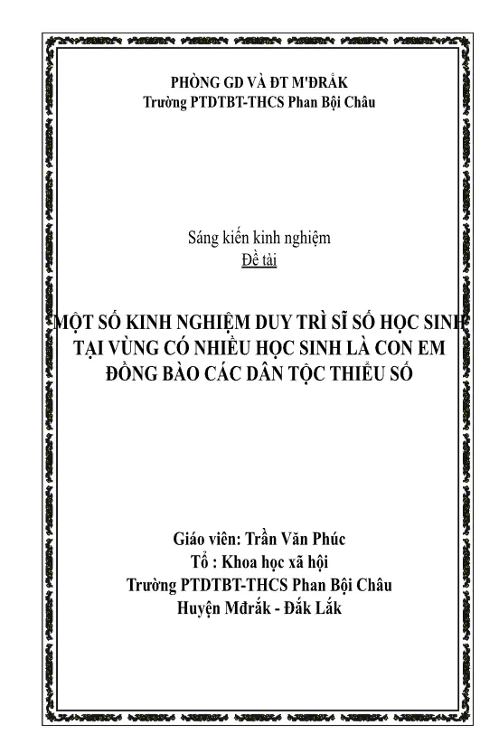Mẫu bìa sáng kiến kinh nghiệm duy trì sĩ số học sinh là đồng bào dân tộc thiểu số tới lớp