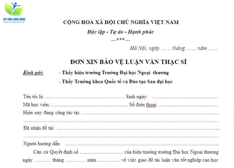 Mẫu đơn xin bảo vệ luận văn thạc sĩ Đại học Ngoại thương Mẫu đơn xin bảo vệ luận văn thạc sĩ Đại học Ngoại thương
