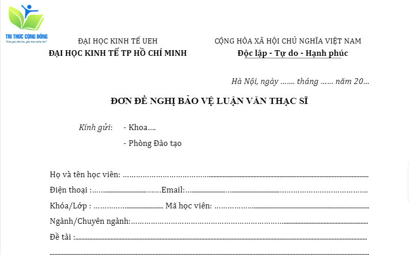 Mẫu đơn xin bảo vệ luận văn thạc sĩ UEH Mẫu đơn xin bảo vệ luận văn thạc sĩ UEH