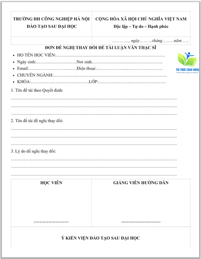 Mẫu đơn xin điều chỉnh tên đề tài luận văn thạc sĩ HaUI Mẫu đơn xin điều chỉnh tên đề tài luận văn thạc sĩ HaUI