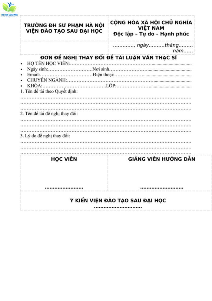Mẫu đơn xin đổi tên đề tài đại học Sư phạm Hà Nội Mẫu đơn xin đổi tên đề tài đại học Sư phạm Hà Nội