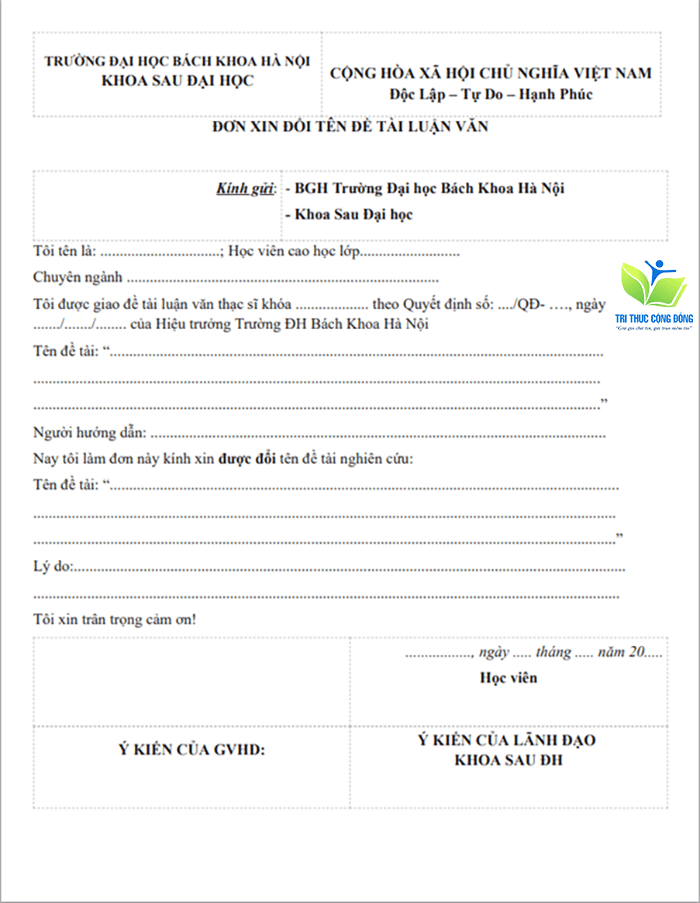 Mẫu đơn xin đổi tên đề tài luận văn thạc sĩ trường đại học Bách Khoa Hà Nội Mẫu đơn xin đổi tên đề tài luận văn thạc sĩ trường đại học Bách Khoa Hà Nội