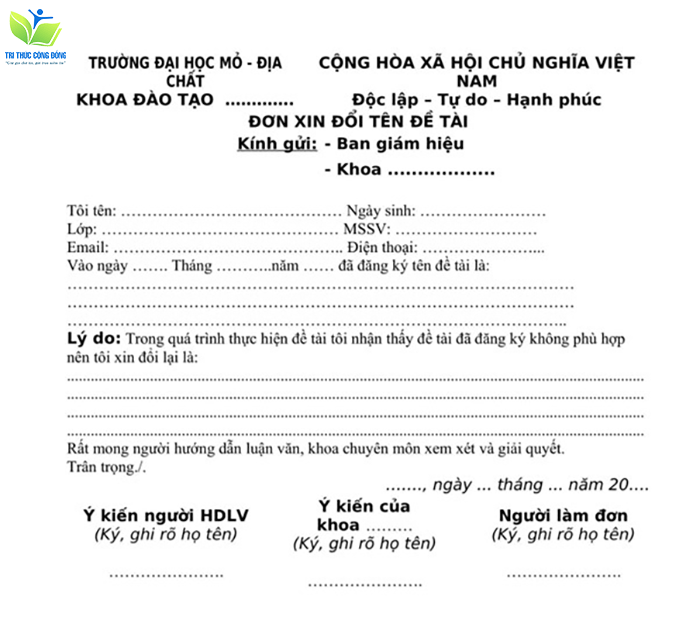 Mẫu đơn xin đổi tên luận văn đại học Mỏ - Địa chất Mẫu đơn xin đổi tên luận văn đại học Mỏ - Địa chất