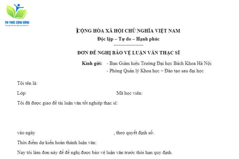 Mẫu đơn xin gia hạn bảo vệ luận văn thạc sĩ Đại học Bách khoa Mẫu đơn xin gia hạn bảo vệ luận văn thạc sĩ Đại học Bách khoa