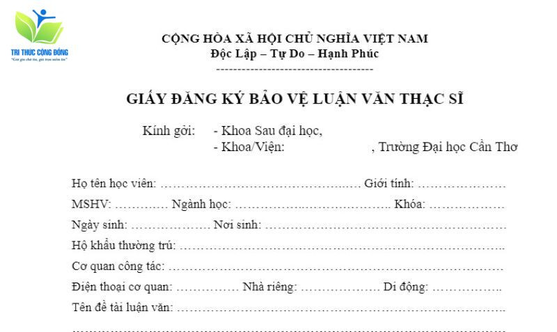 Mẫu đơn xin gia hạn bảo vệ luận văn thạc sĩ Đại học Cần Thơ Mẫu đơn xin gia hạn bảo vệ luận văn thạc sĩ Đại học Cần Thơ