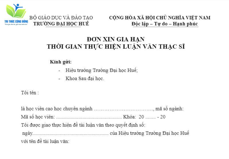 Mẫu đơn xin gia hạn bảo vệ luận văn thạc sĩ Đại học Huế Mẫu đơn xin gia hạn bảo vệ luận văn thạc sĩ Đại học Huế