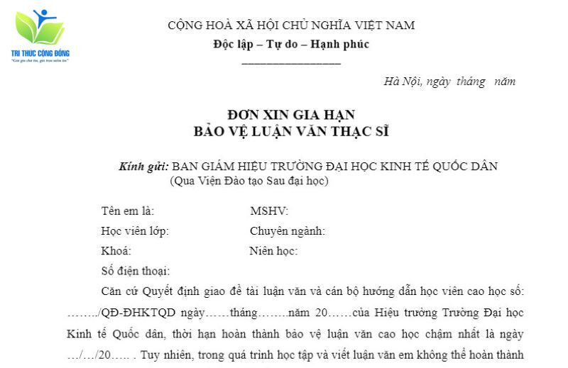 Mẫu đơn xin gia hạn bảo vệ luận văn thạc sĩ Đại học Kinh tế quốc dân Mẫu đơn xin gia hạn bảo vệ luận văn thạc sĩ Đại học Kinh tế quốc dân