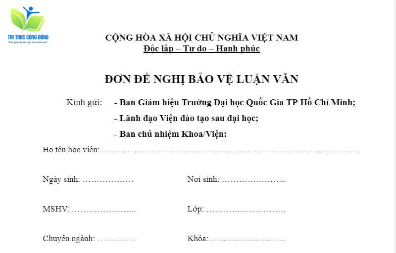 Mẫu đơn xin gia hạn bảo vệ luận văn thạc sĩ Đại học Quốc gia Thành phố Hồ Chí Minh Mẫu đơn xin gia hạn bảo vệ luận văn thạc sĩ Đại học Quốc gia Thành phố Hồ Chí Minh