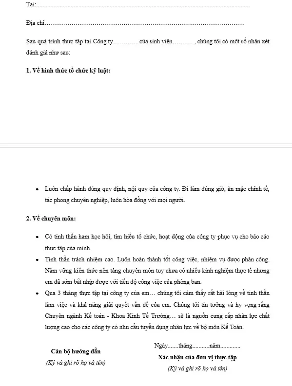 Mẫu lời nhận xét của đơn vị thực tập