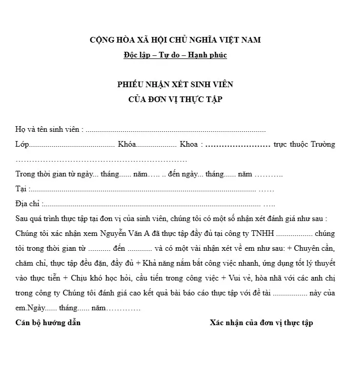 Mẫu nhận xét của đơn vị thực tập