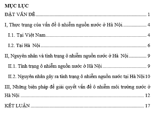 Mục lục tiểu luận ô nhiễm môi trường nước ở Hà Nội
