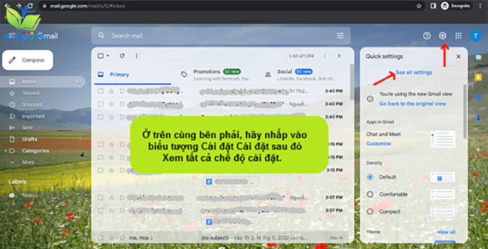 Ở trên cùng bên phải, hãy nhấp vào biểu tượng Cài đặt Cài đặt sau đó Xem tất cả chế độ cài đặt Ở trên cùng bên phải, hãy nhấp vào biểu tượng Cài đặt Cài đặt sau đó Xem tất cả chế độ cài đặt