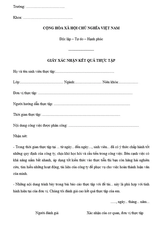 Phiếu nhận xét của đơn vị thực tập