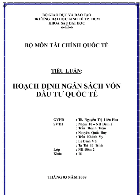 Tiểu luận về hoạch định ngân sách vốn đầu tư quốc tế Tiểu luận về hoạch định ngân sách vốn đầu tư quốc tế