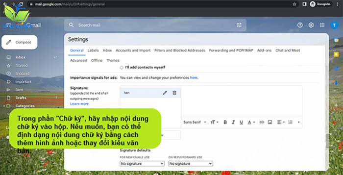 Trong phần "Chữ ký", hãy nhập nội dung chữ ký vào hộp Trong phần