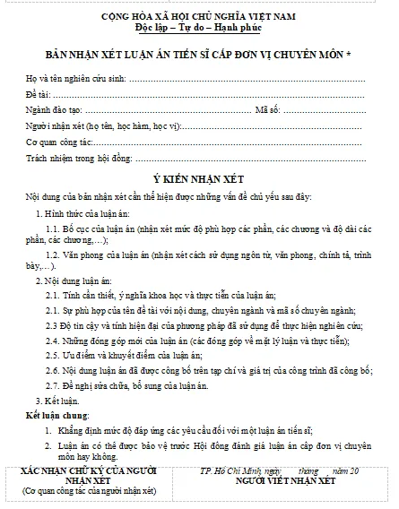 Mẫu bản nhận xét luận án tiến sĩ cấp đơn vị chuyên môn