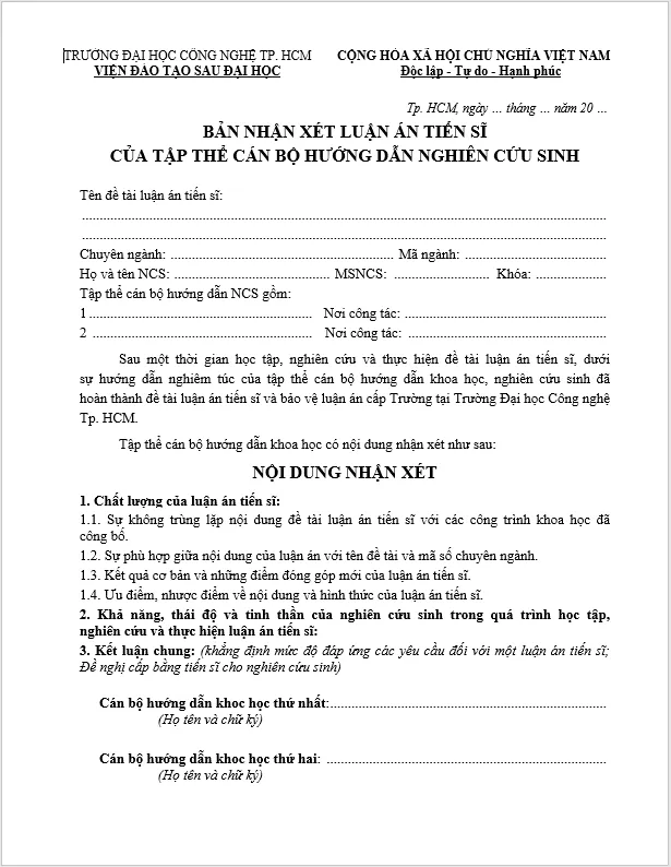 Cấu trúc hoàn chỉnh của một bản nhận xét luận án tiến sĩ