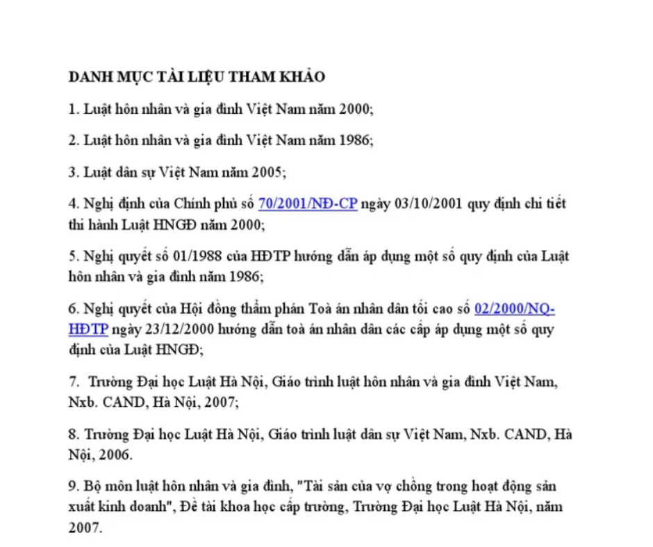 Danh mục tài liệu tham khảo cần ghi rõ các tài liệu, văn bản pháp luật, công trình nghiên cứu liên quan