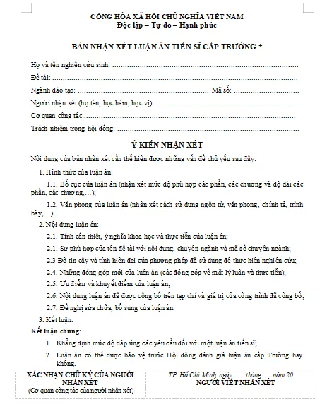  Mẫu bản nhận xét luận án tiến sĩ cấp trường
