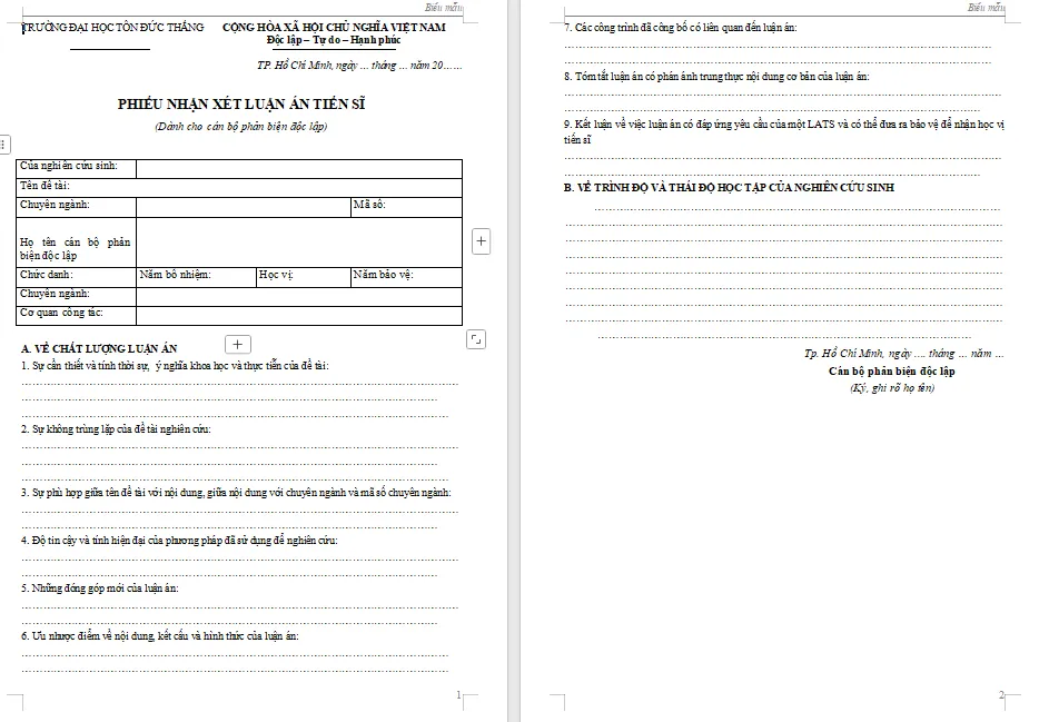 Mẫu bản nhận xét luận án tiến sĩ độc lập
