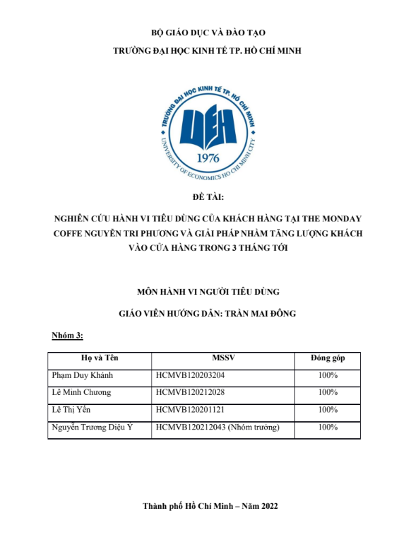 Tiểu luận nghiên cứu hành vi tiêu dùng của khách hàng tại The Monday Coffee