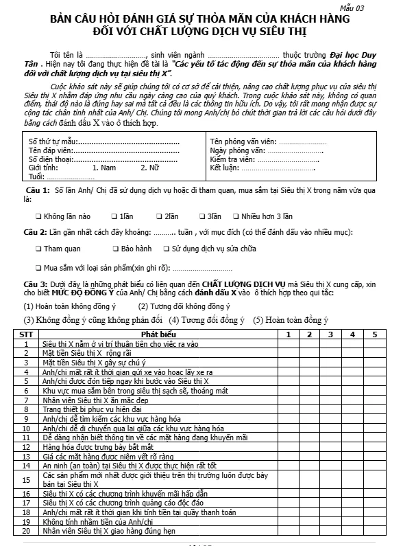 Bảng câu hỏi đánh giá sự thỏa mãn của khách hàng đối với chất lượng dịch vụ siêu thị Bảng câu hỏi đánh giá sự thỏa mãn của khách hàng đối với chất lượng dịch vụ siêu thị