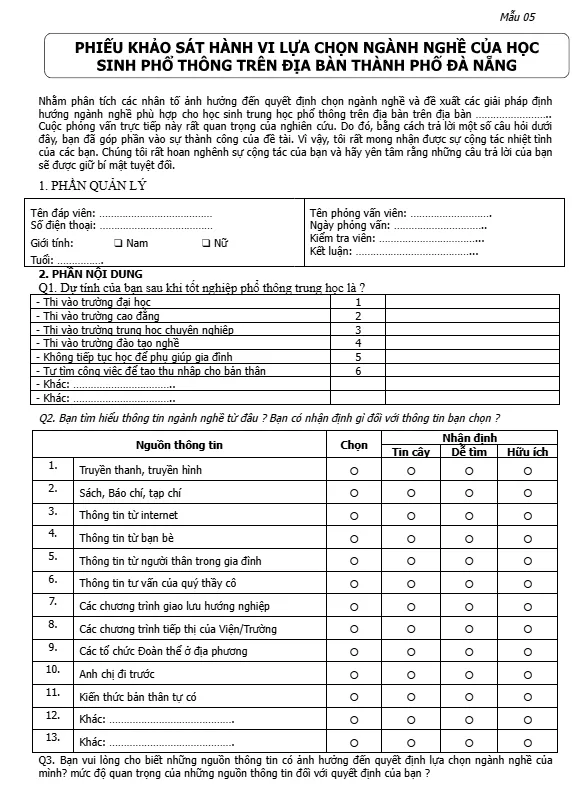 Bảng câu hổi khảo sát hành vi lựa chọn ngành nghề của học sinh phổ thông trên địa bàn TP. Đà Nẵng Bảng câu hổi khảo sát hành vi lựa chọn ngành nghề của học sinh phổ thông trên địa bàn TP. Đà Nẵng